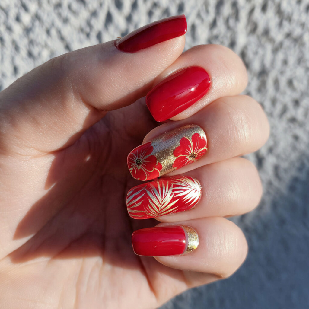 attractive red gel with gold cuticle accent nails