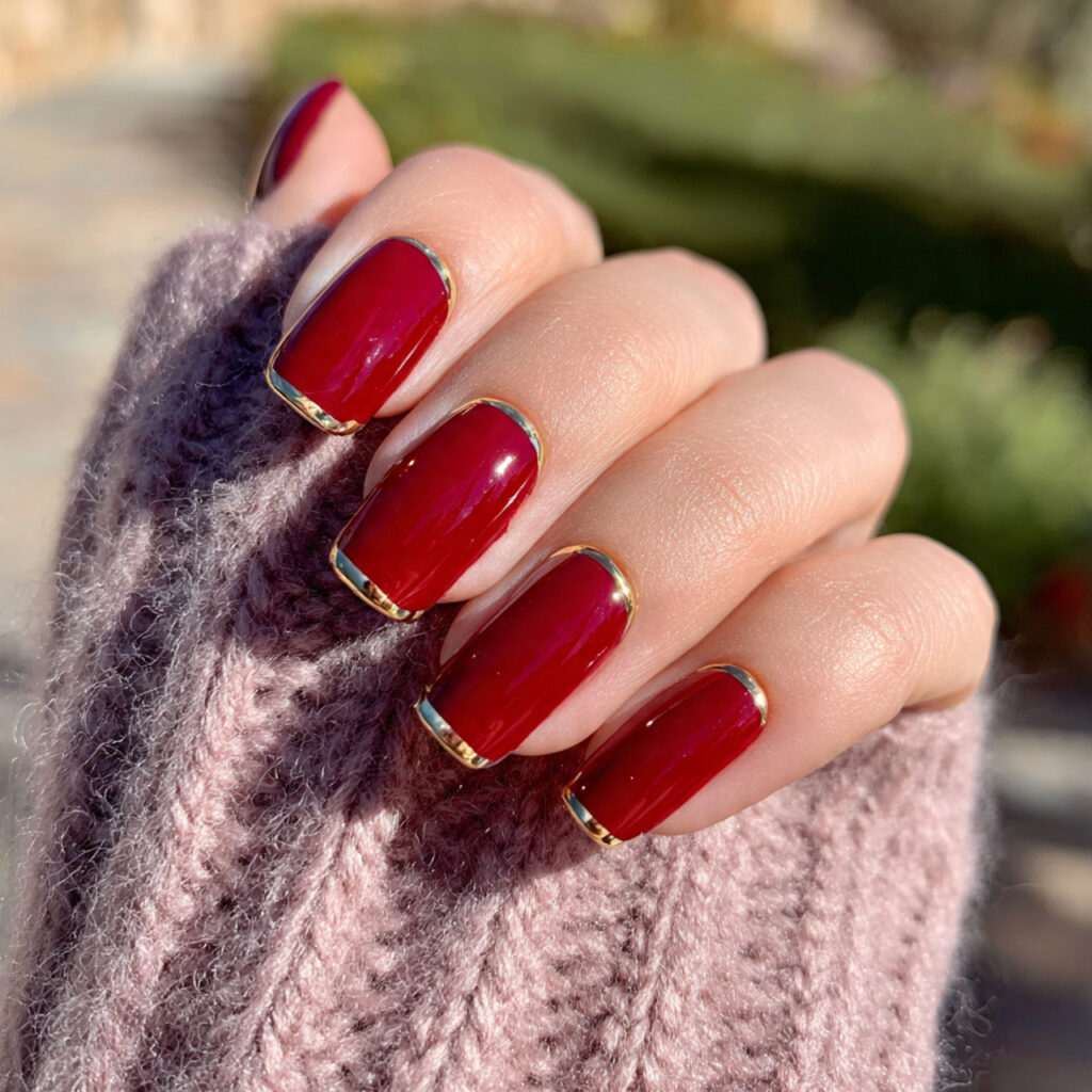 attractive red gel with gold cuticle line nails wi 1