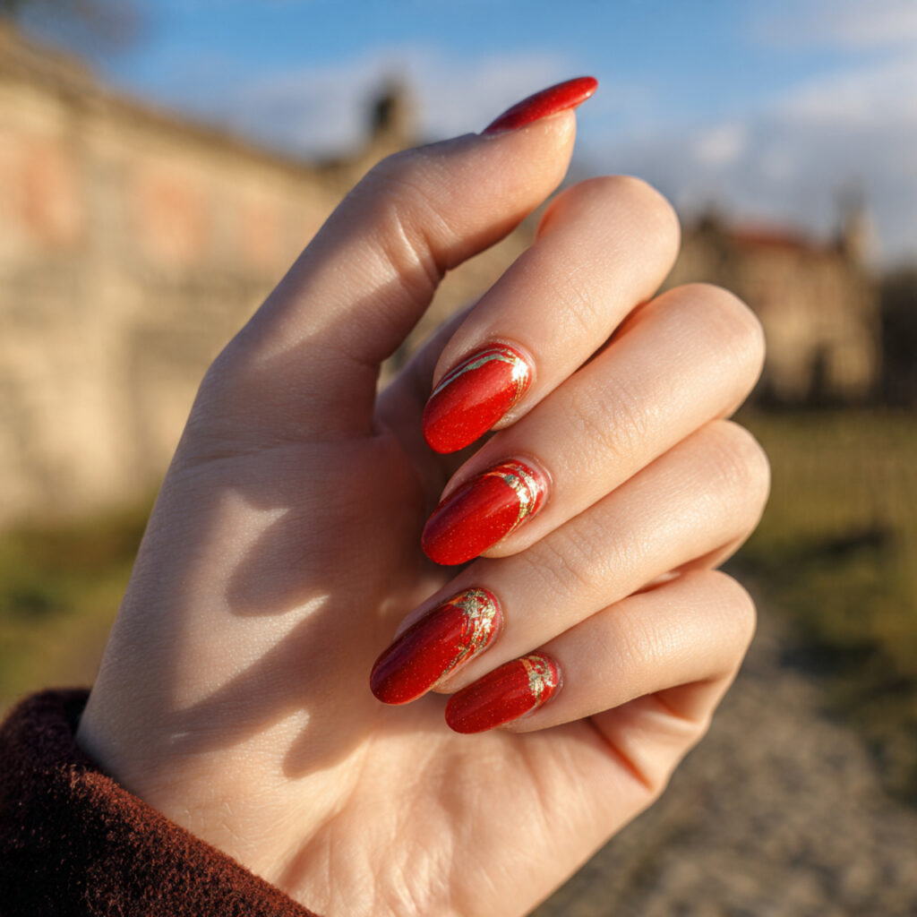Red Nails Aesthetic: 14 Soft, Trendy & Pinterest-Perfect Ideas You’ll Want to Save 9 attractive red gel with gold cuticle line nails wi
