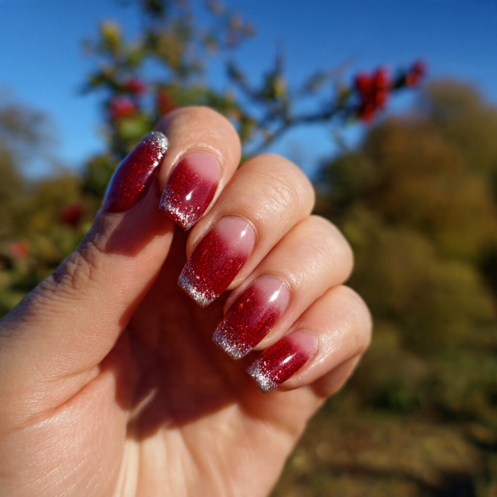 attractive red glitter french tips nails with outd