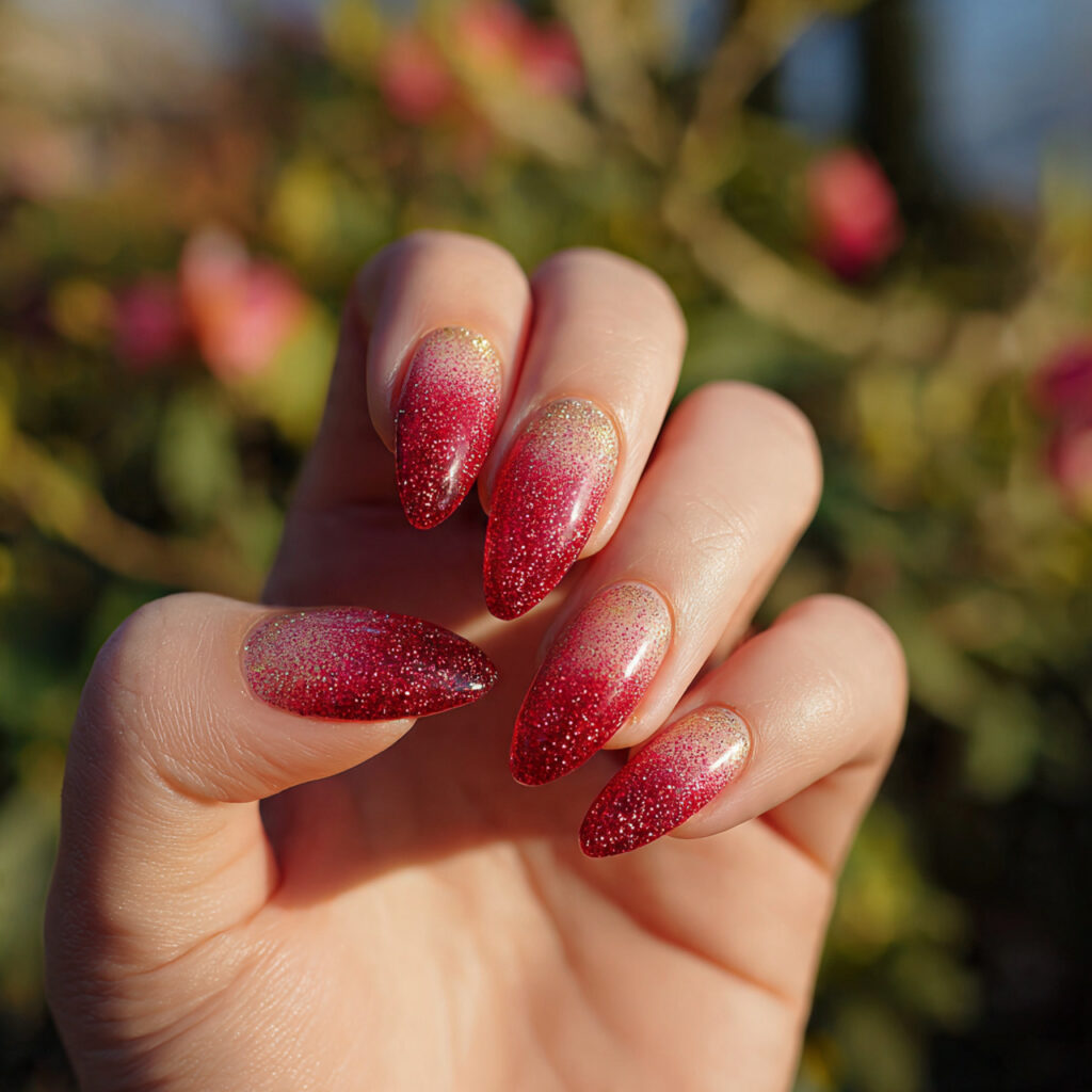 attractive red glitter ombre almond nails with sum