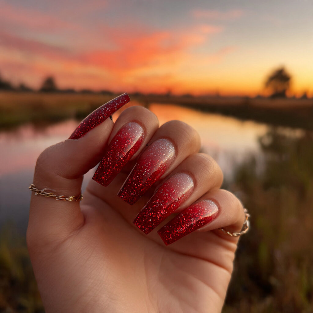 attractive red glitter ombre coffin nails with out