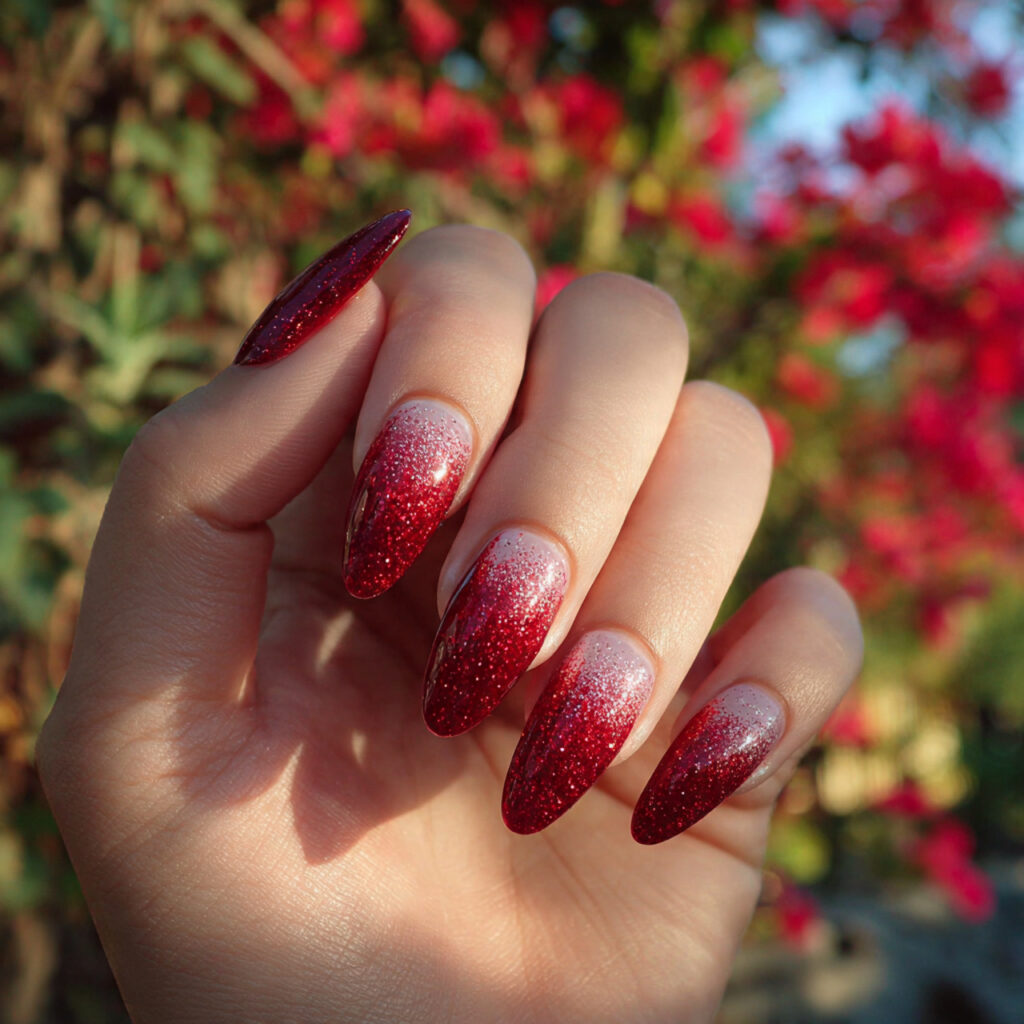 attractive red glitter ombre tips nails with outdo 1 1