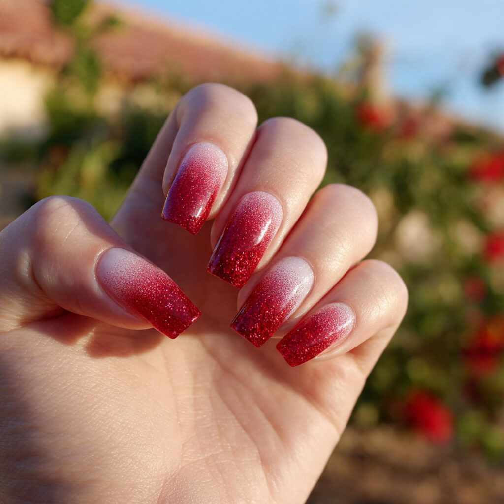 Red Nails Aesthetic: 14 Soft, Trendy & Pinterest-Perfect Ideas You’ll Want to Save 14 attractive red glitter ombre tips nails with outdo 1