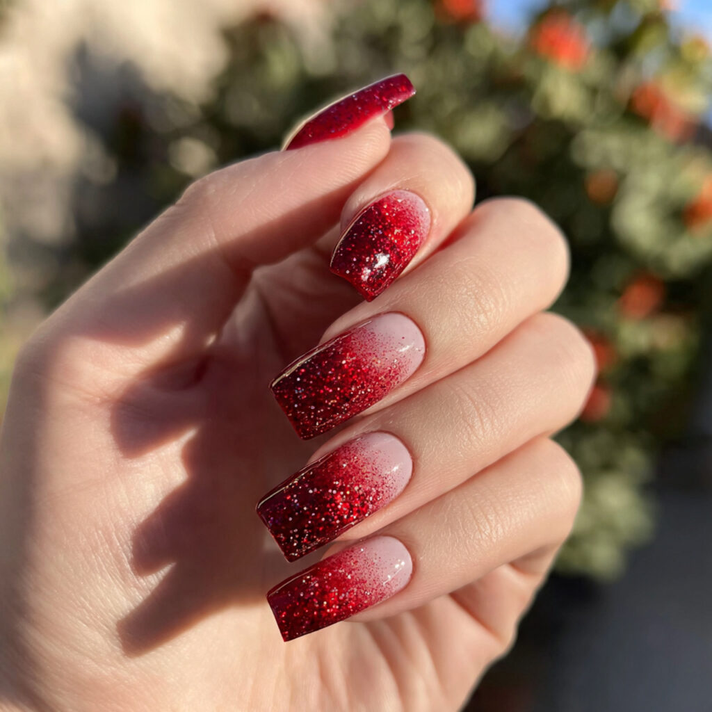 attractive red glitter ombre tips nails with outdo