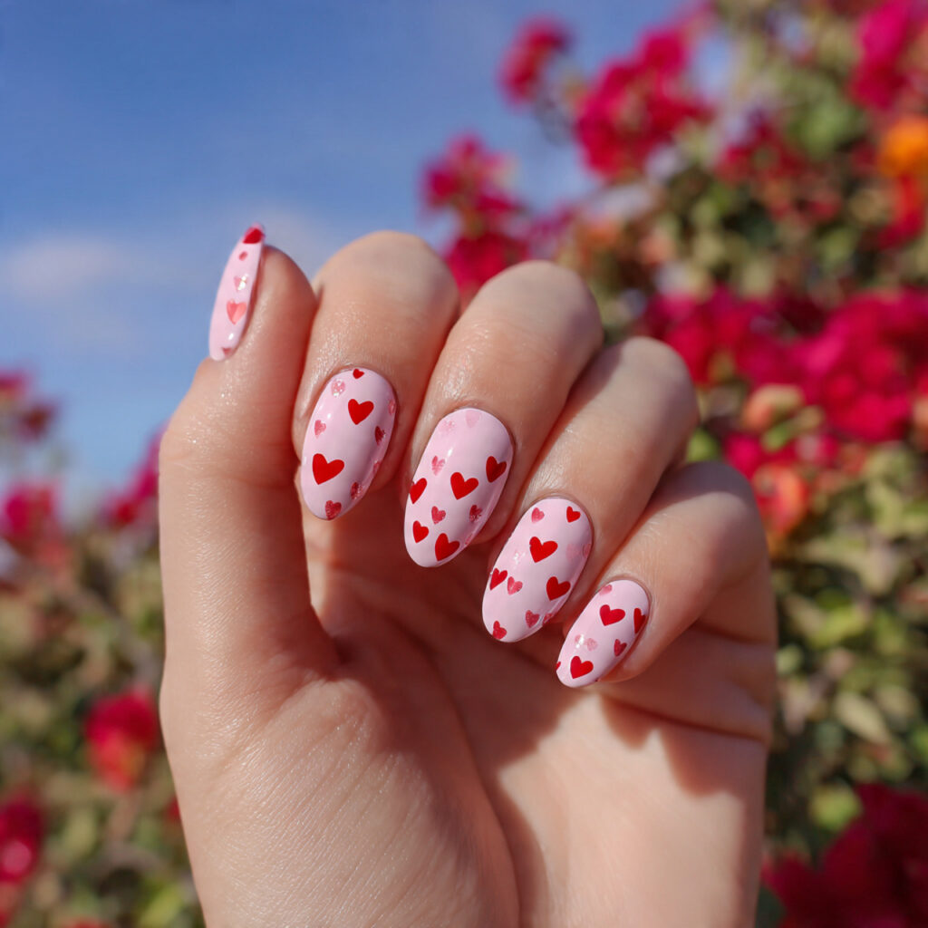 Pink and Red Nails: 15 Flirty, Bold & Pinterest-Perfect Designs You’ll Love 7 attractive red hearts on baby pink base nails with