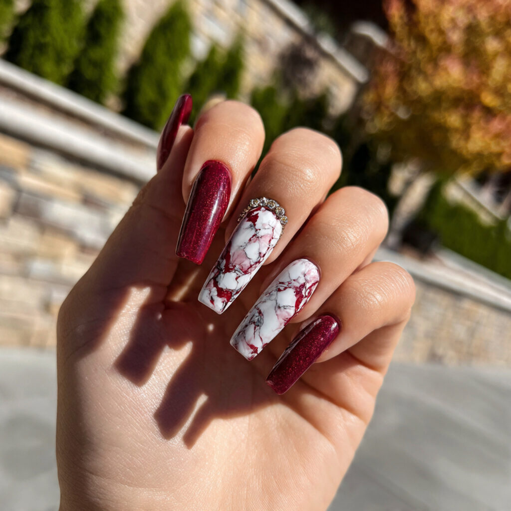 attractive red marble on white coffin nails with o