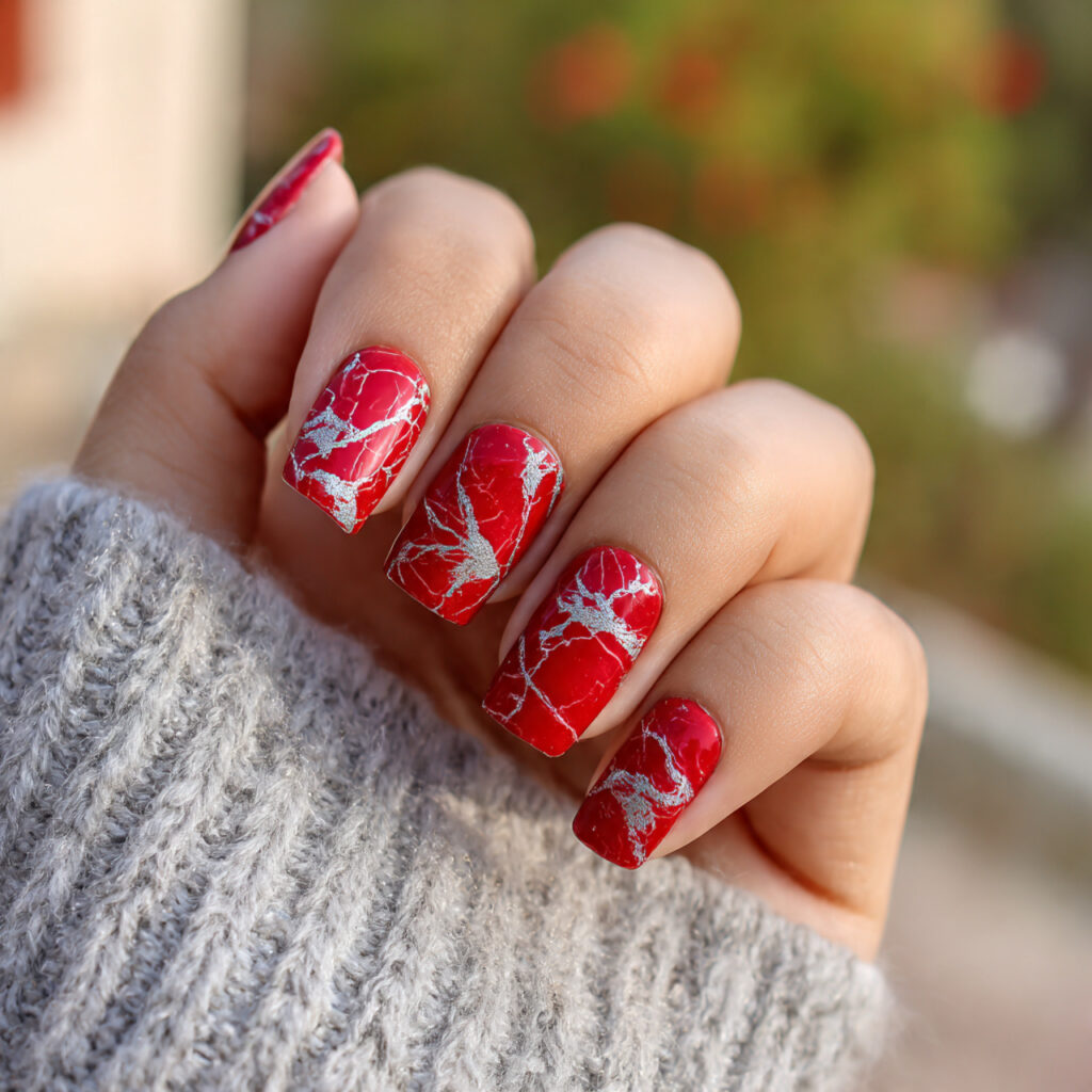 attractive red marble with silver veins nails with 1