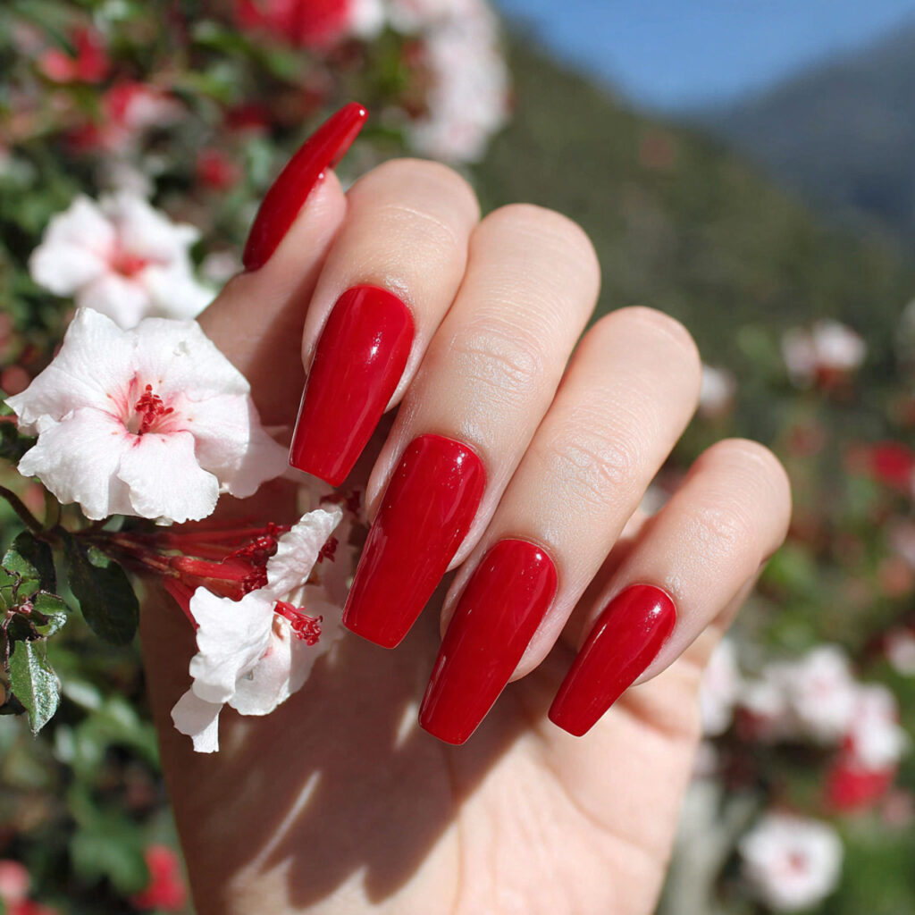 attractive red micro french on long coffin nails w