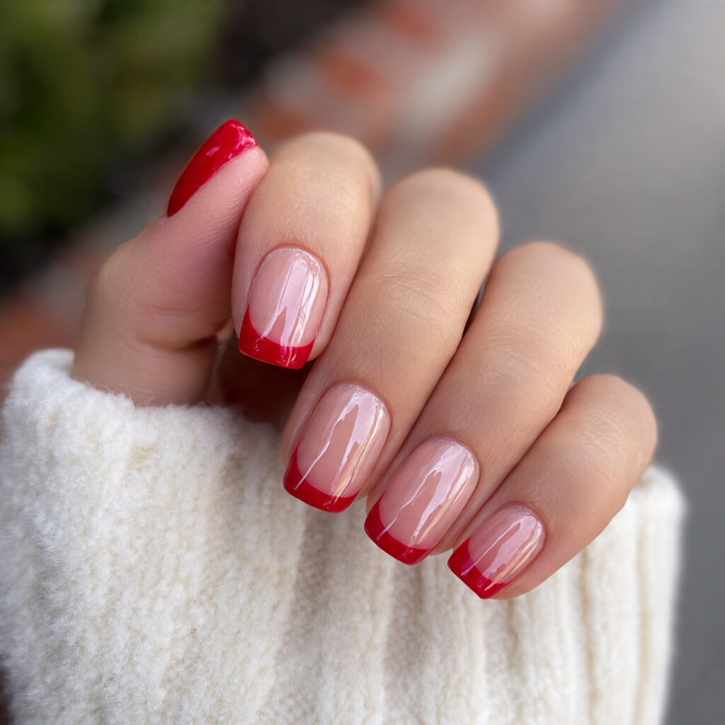 attractive red micro french on short squares nails