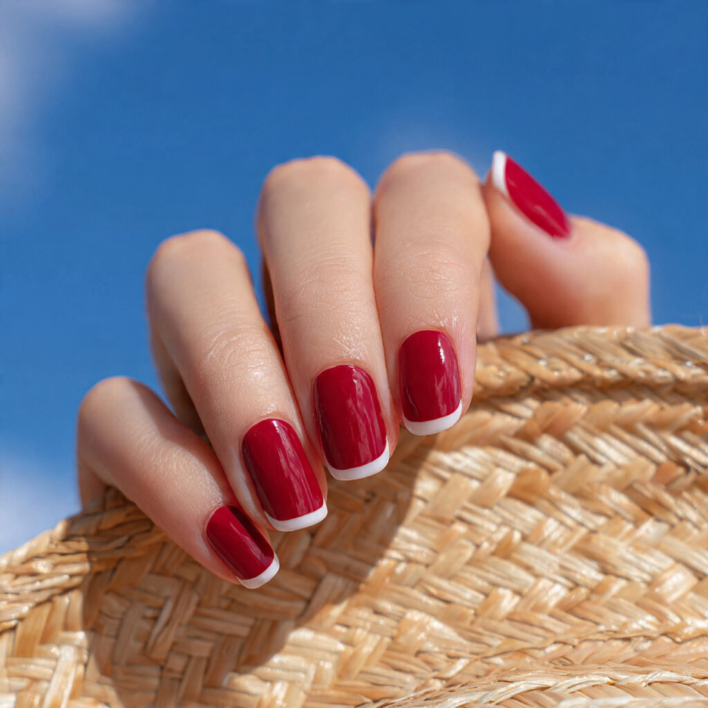attractive red micro french short nails with outdo 1