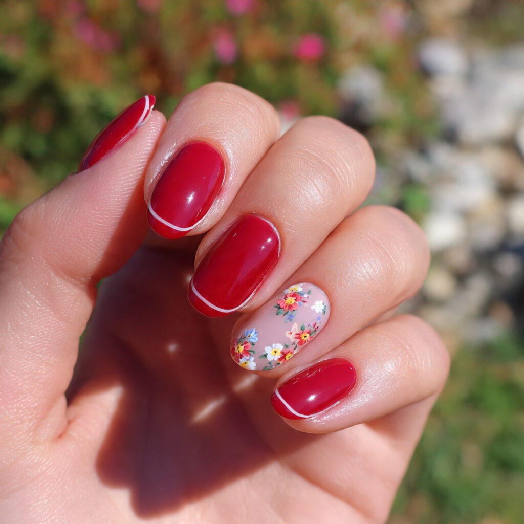 attractive red micro french with one floral accent