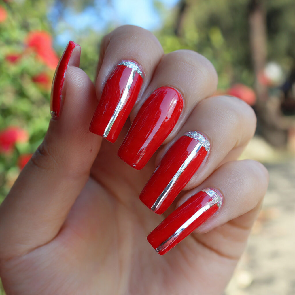 attractive red micro french with silver line nails 1
