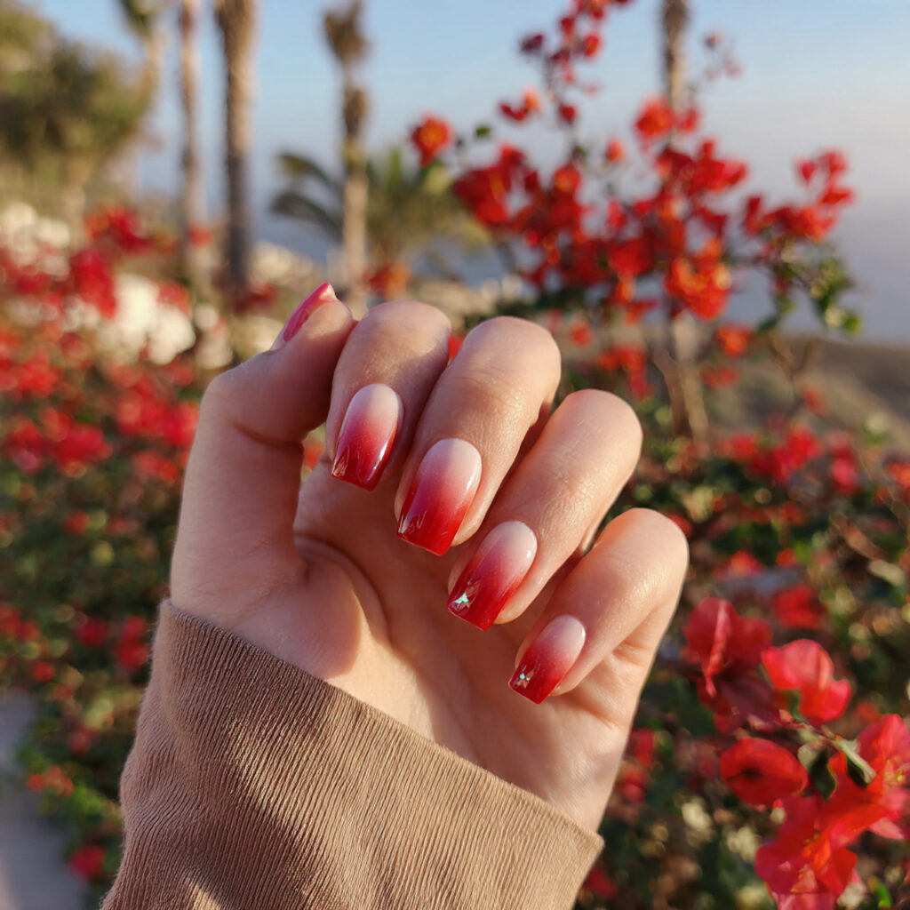 attractive red ombre square nails with summer outd