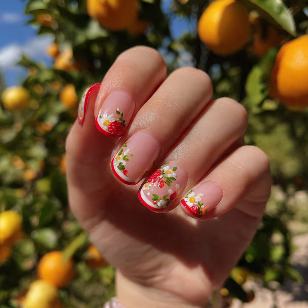 attractive red outline short nails with outdoor su