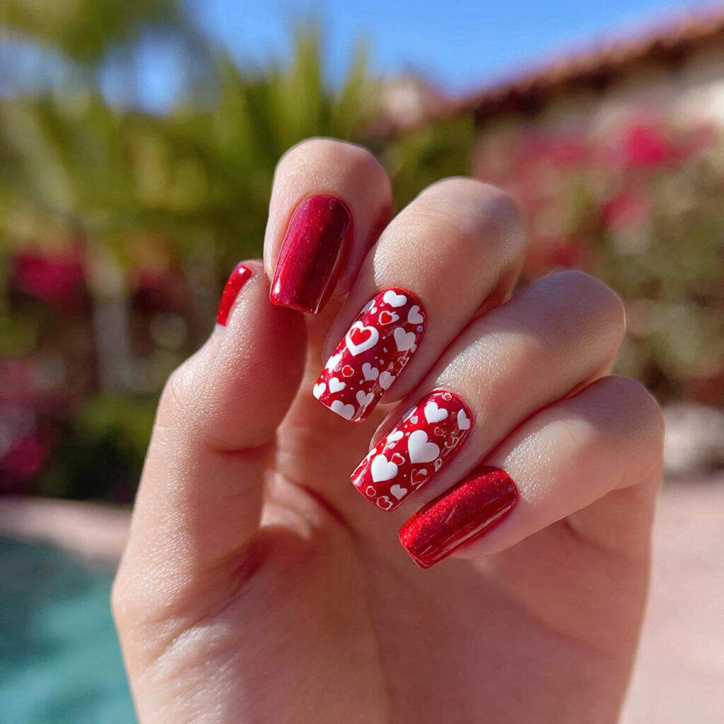 attractive red prom nails with heart accent nails