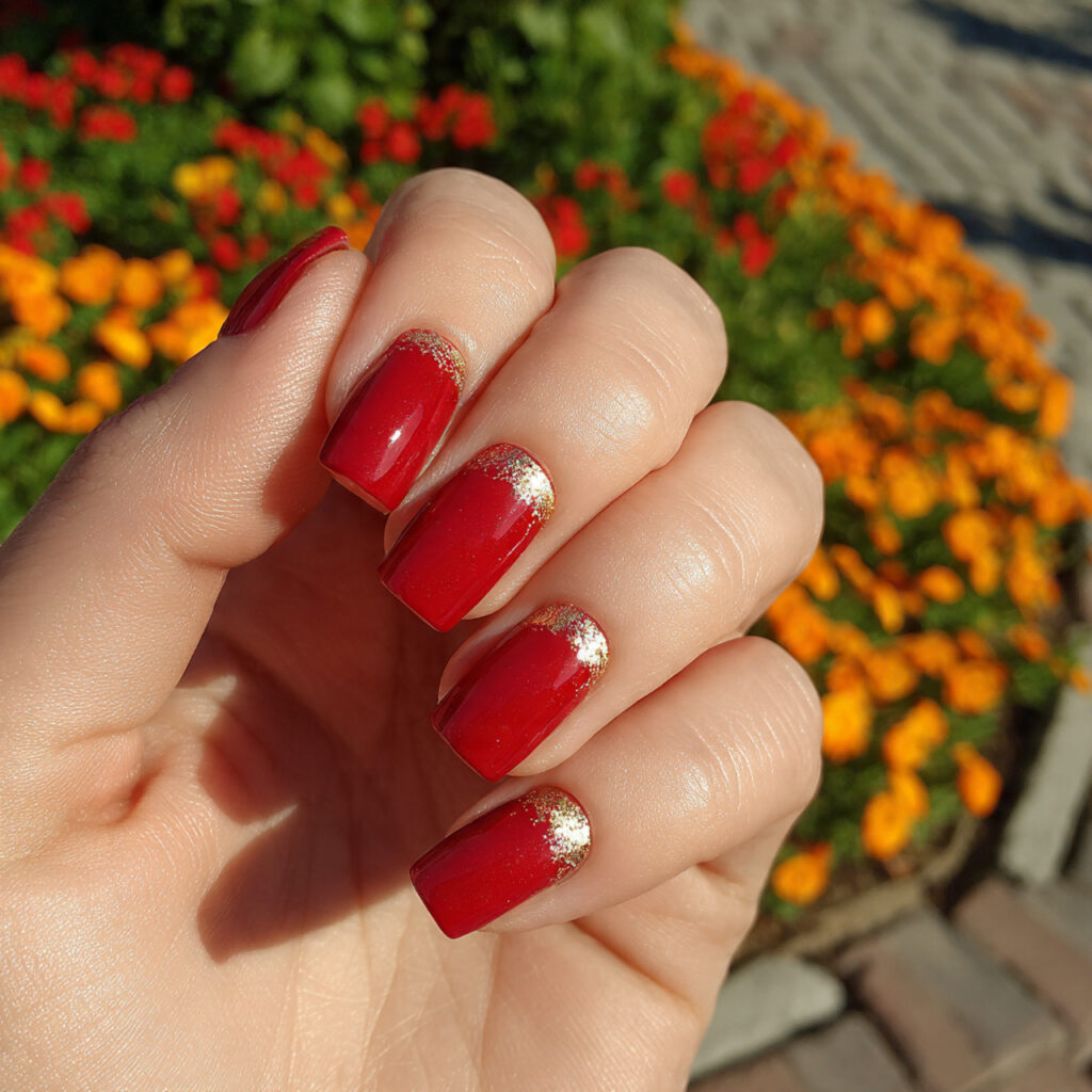 attractive red square nails with gold cuticle acce