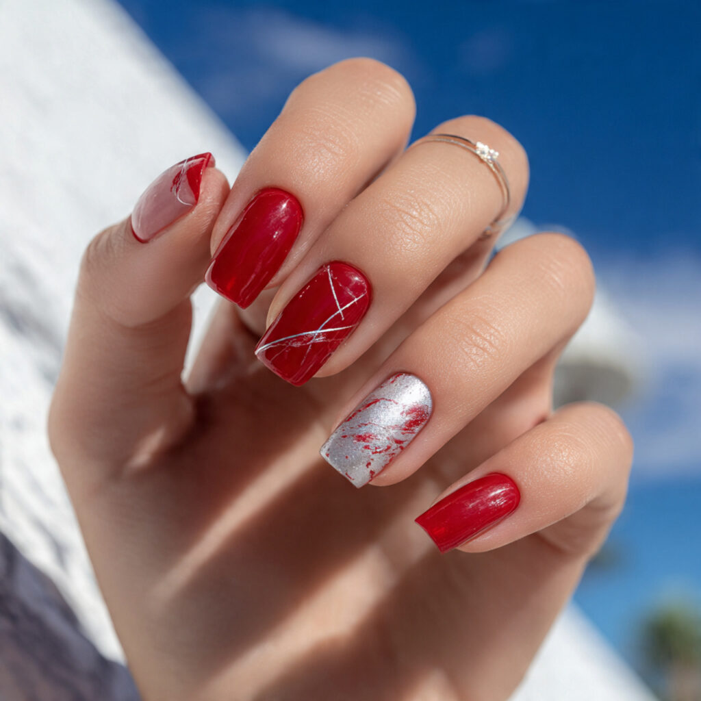 attractive red square nails with silver line art w