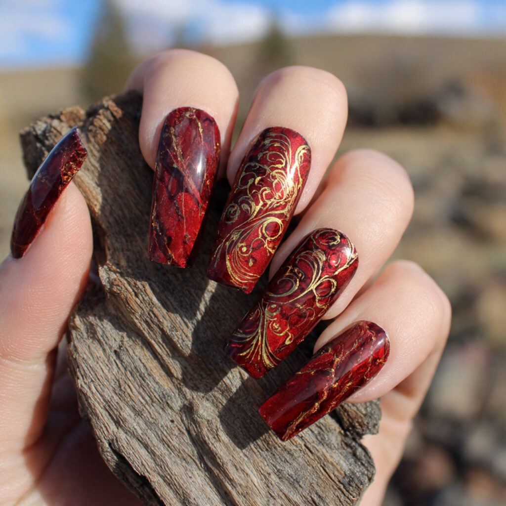 attractive red swirl art on coffin base nails with
