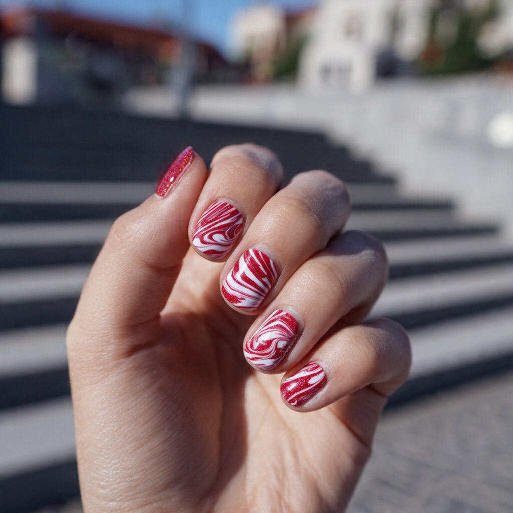 attractive red swirl short nails with outdoor back