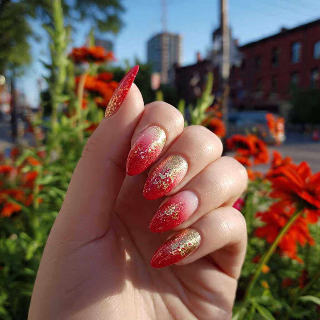 attractive red to gold ombre glam nails with summe