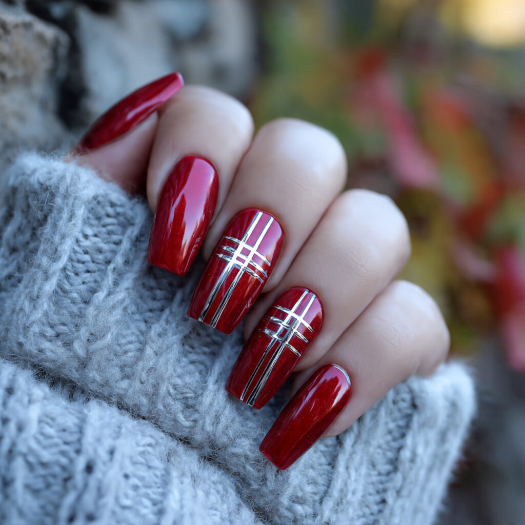 attractive red with silver chrome lines nails with