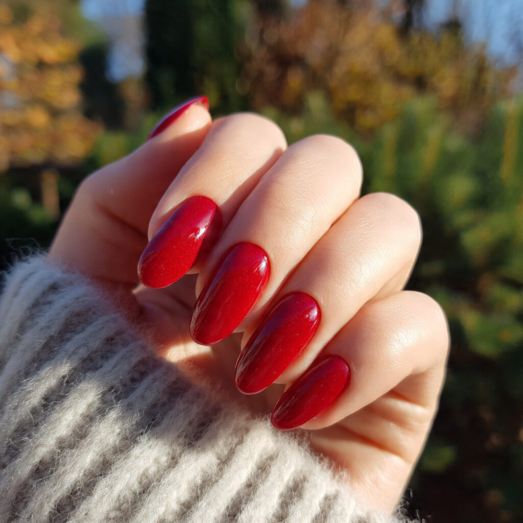 attractive romantic red gloss nails with outdoor b