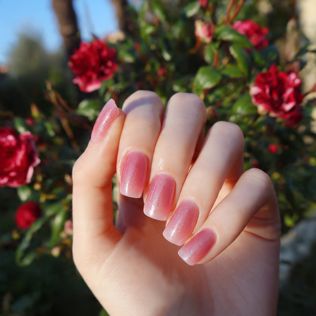 attractive rose aura pink nails with outdoor backg
