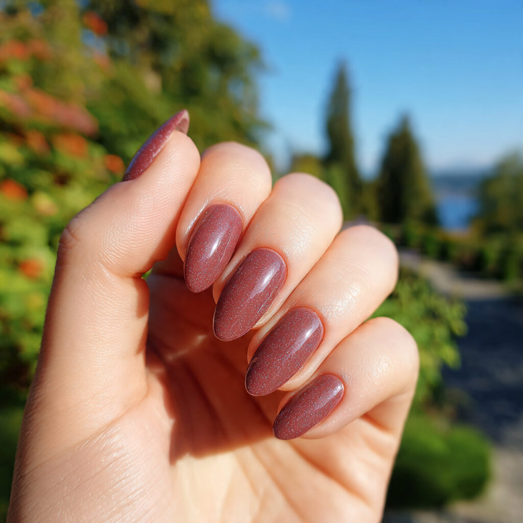 attractive rose brown gloss nails with outdoor sum