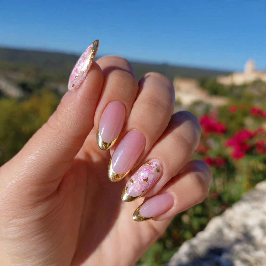attractive rose chrome french almond nails with ou