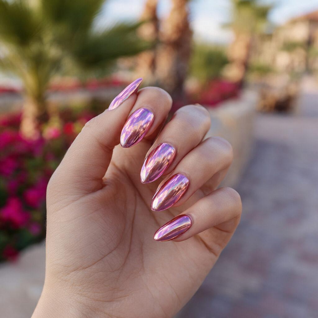 attractive rose gold pink chrome nails with outdoo