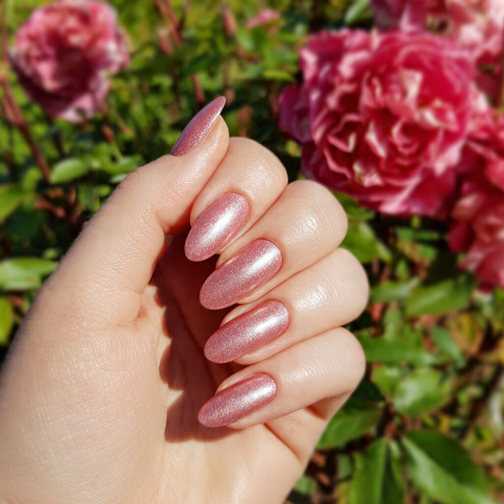 attractive rose pearl shimmer nails with outdoor s