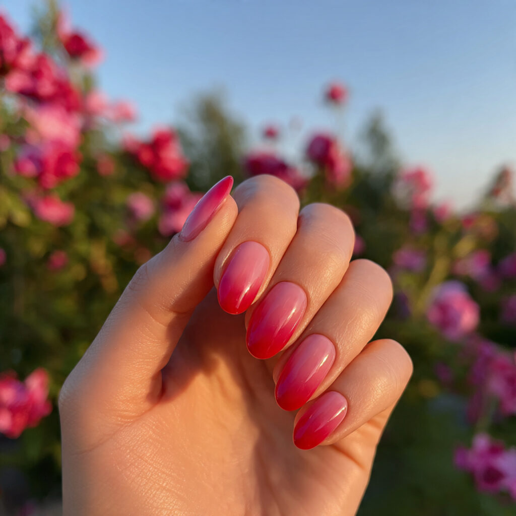attractive rose pink to red ombre nails with summe
