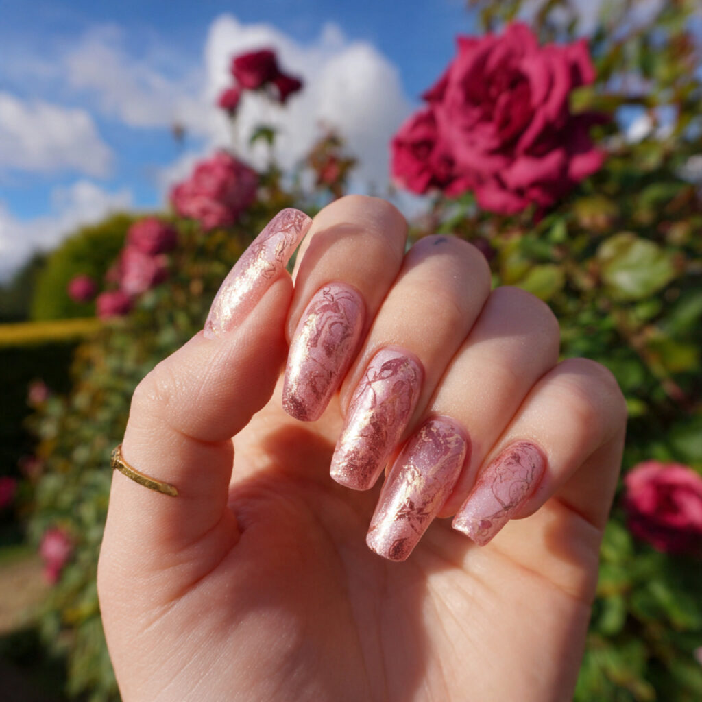 attractive rose shimmer ballerina nails with outdo