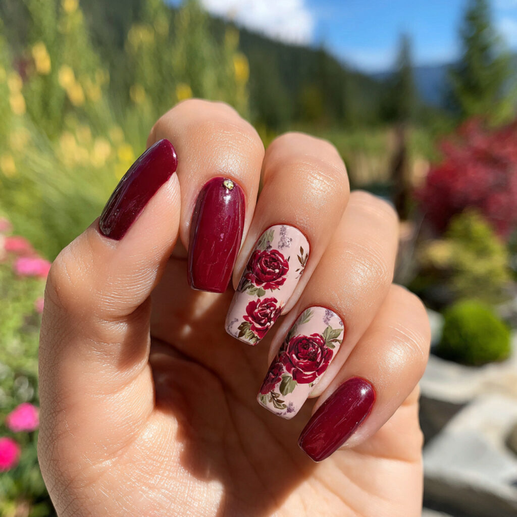attractive rosy and crimson nails with outdoor bac