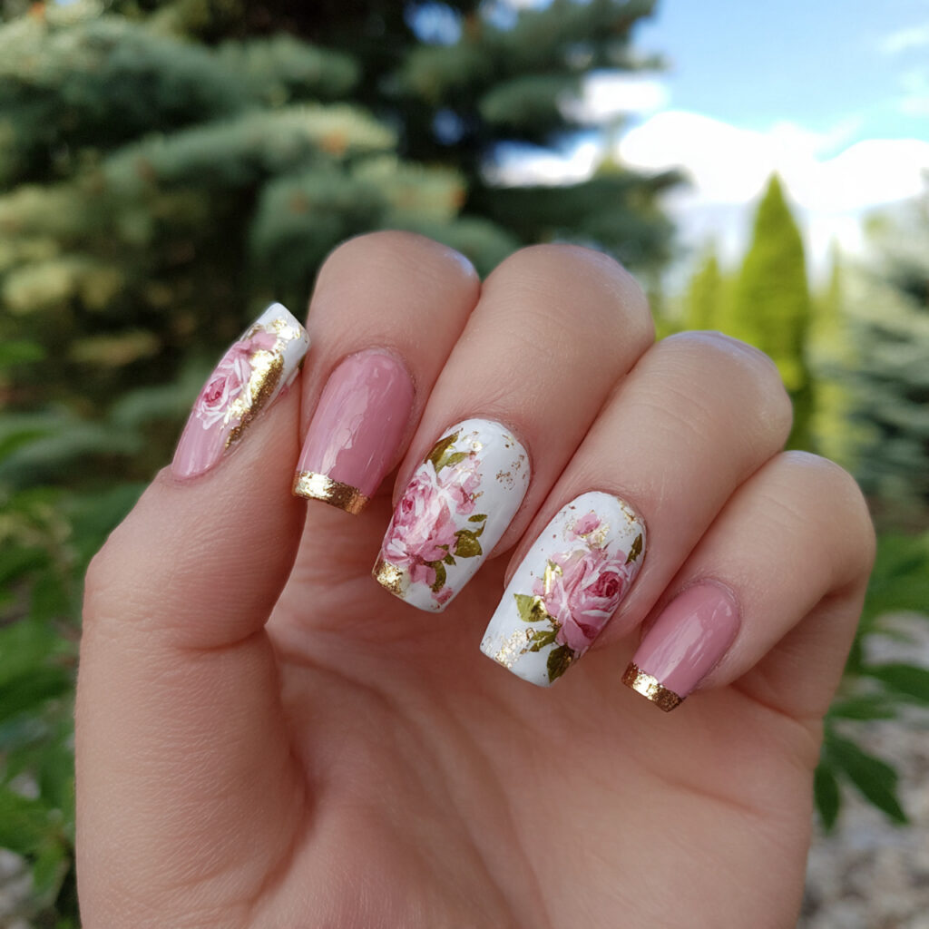 attractive rosy and gold accent nails with outdoor