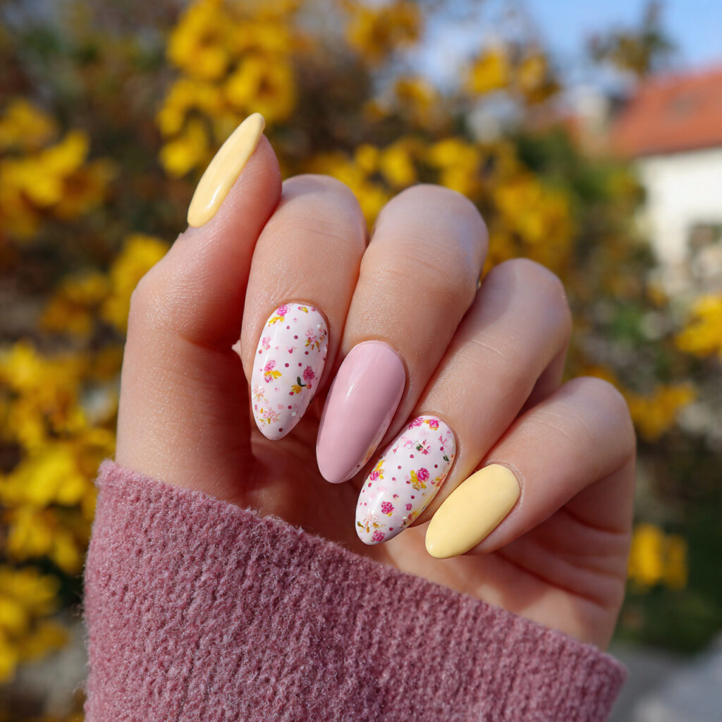 attractive rosy and pastel yellow nails with outdo