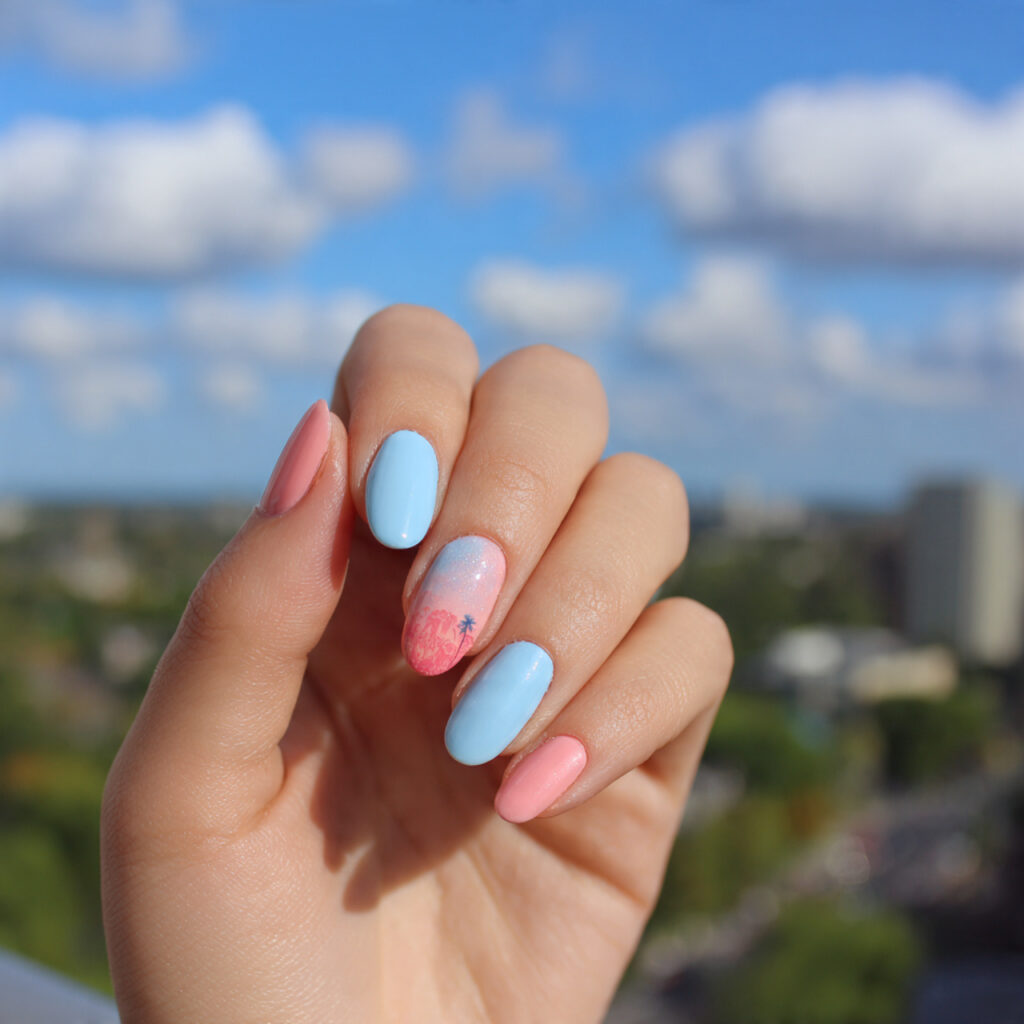 attractive rosy and powder blue nails with outdoor