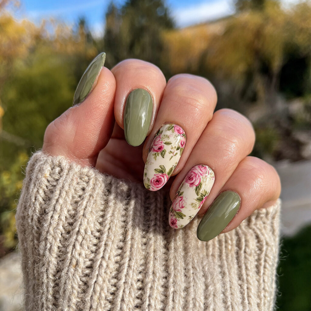 attractive rosy and soft olive nails with outdoor