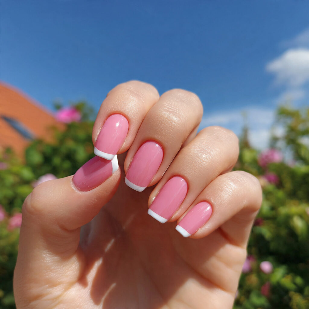 attractive rosy and white square nails with outdoo