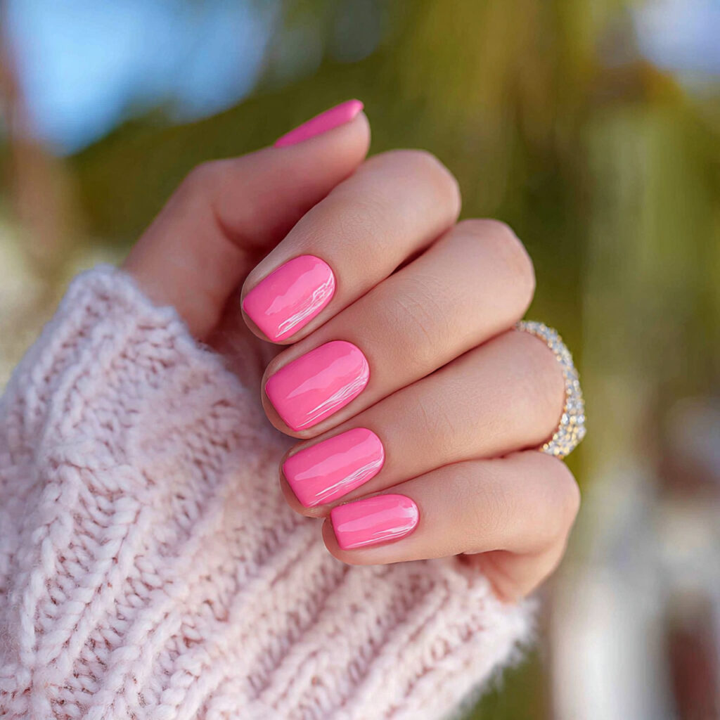 attractive rosy aura pink nails with outdoor summe