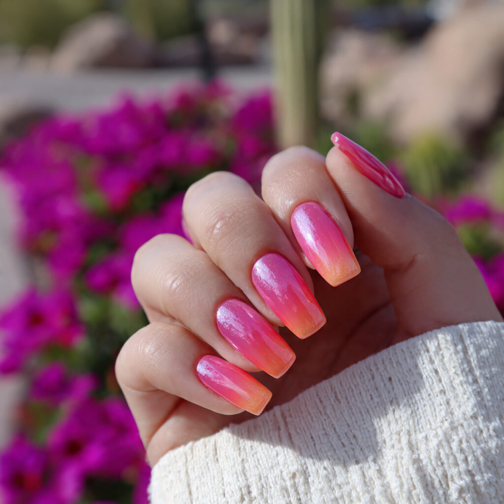 attractive rosy aura short coffin nails with outdo
