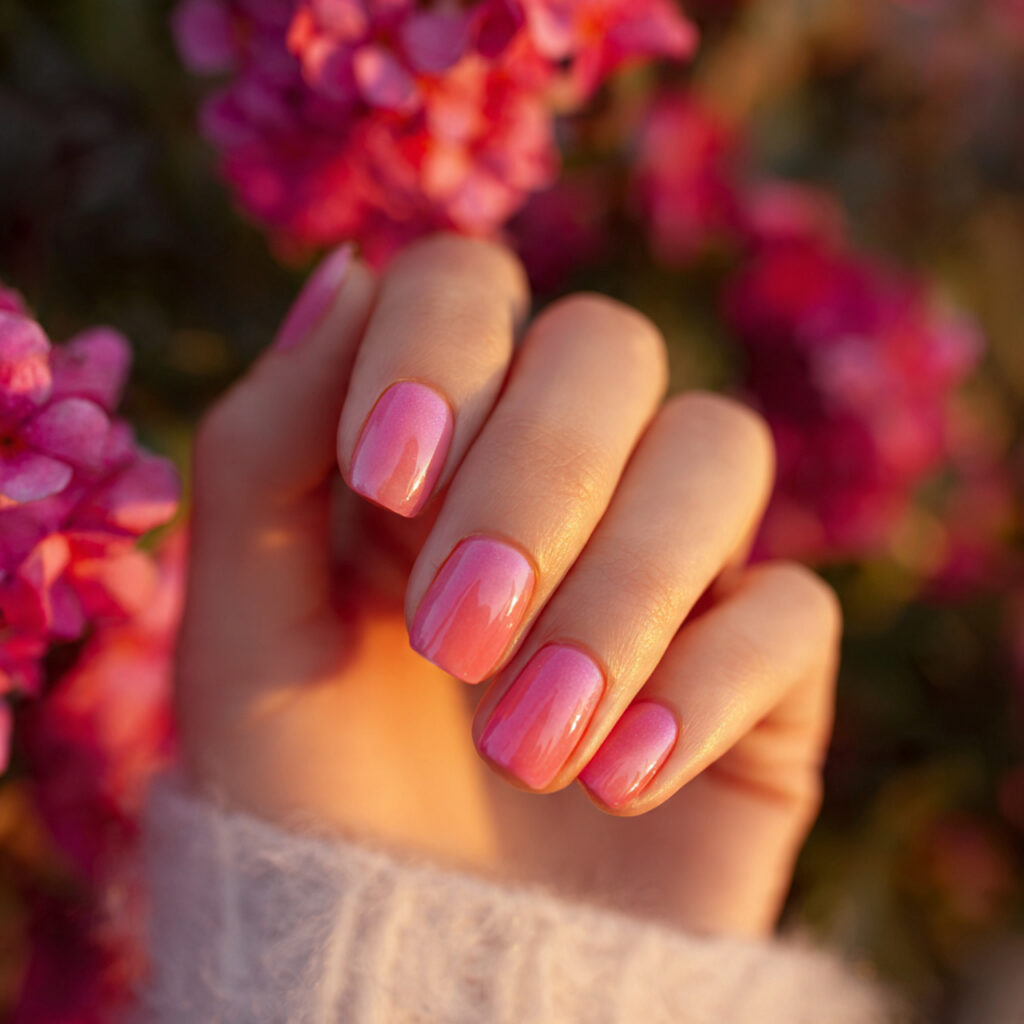 attractive rosy aura short duck nails with outdoor