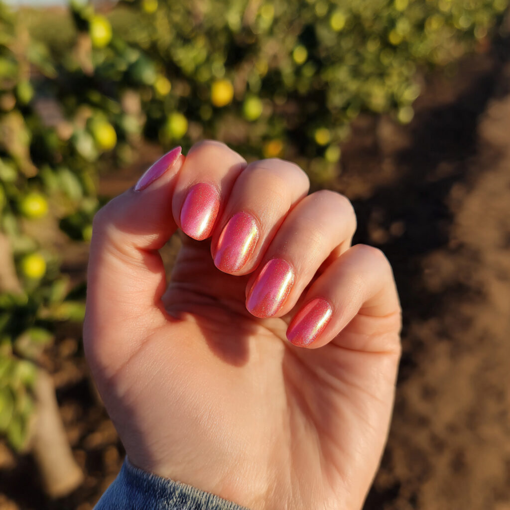 attractive rosy aura short nails with outdoor back