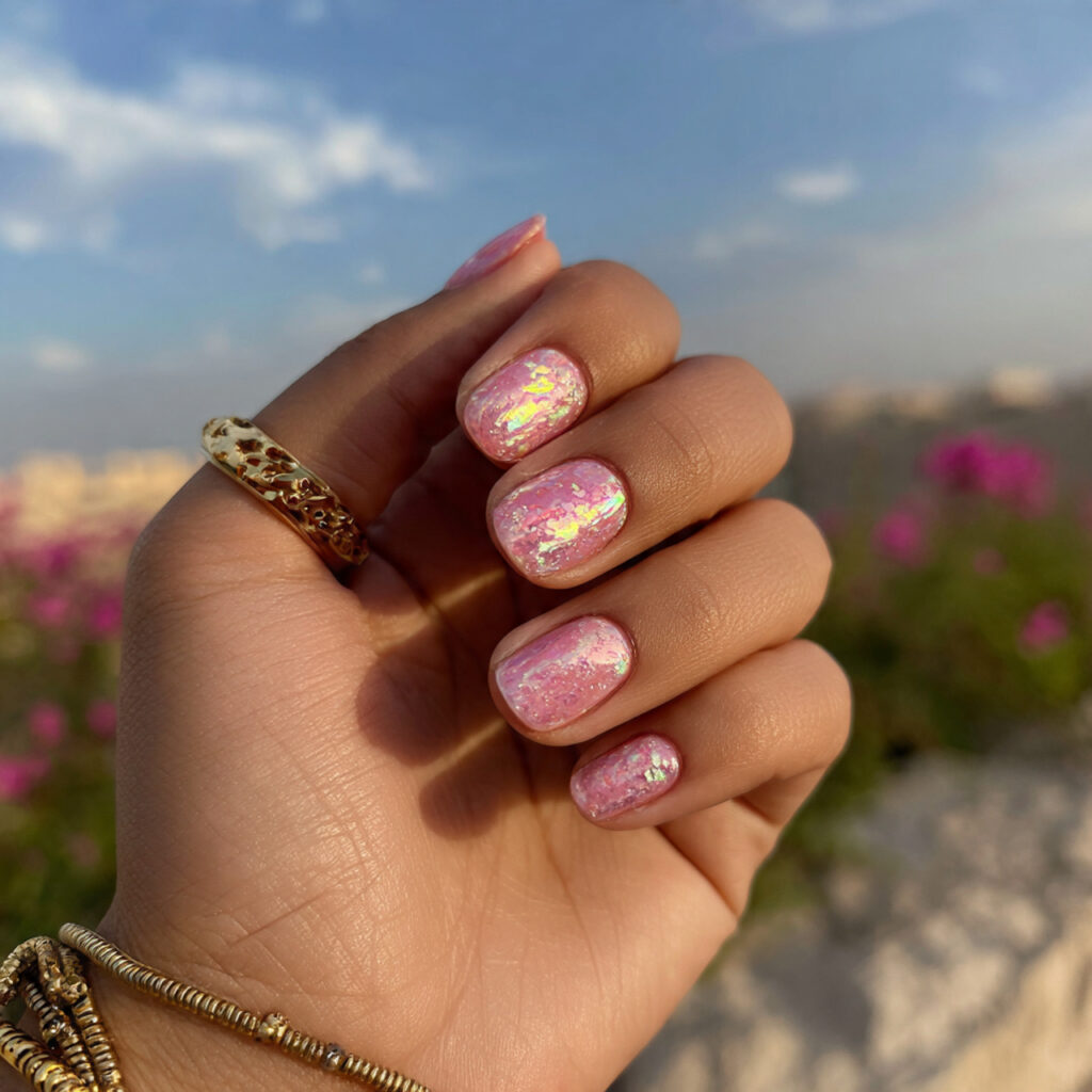 attractive rosy aura short nails with outdoor summ 1