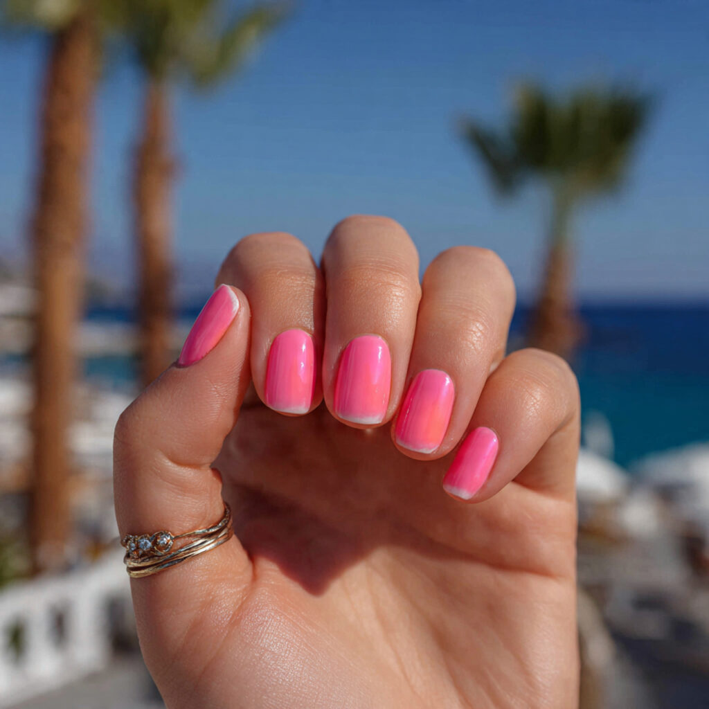 attractive rosy aura short nails with outdoor summ