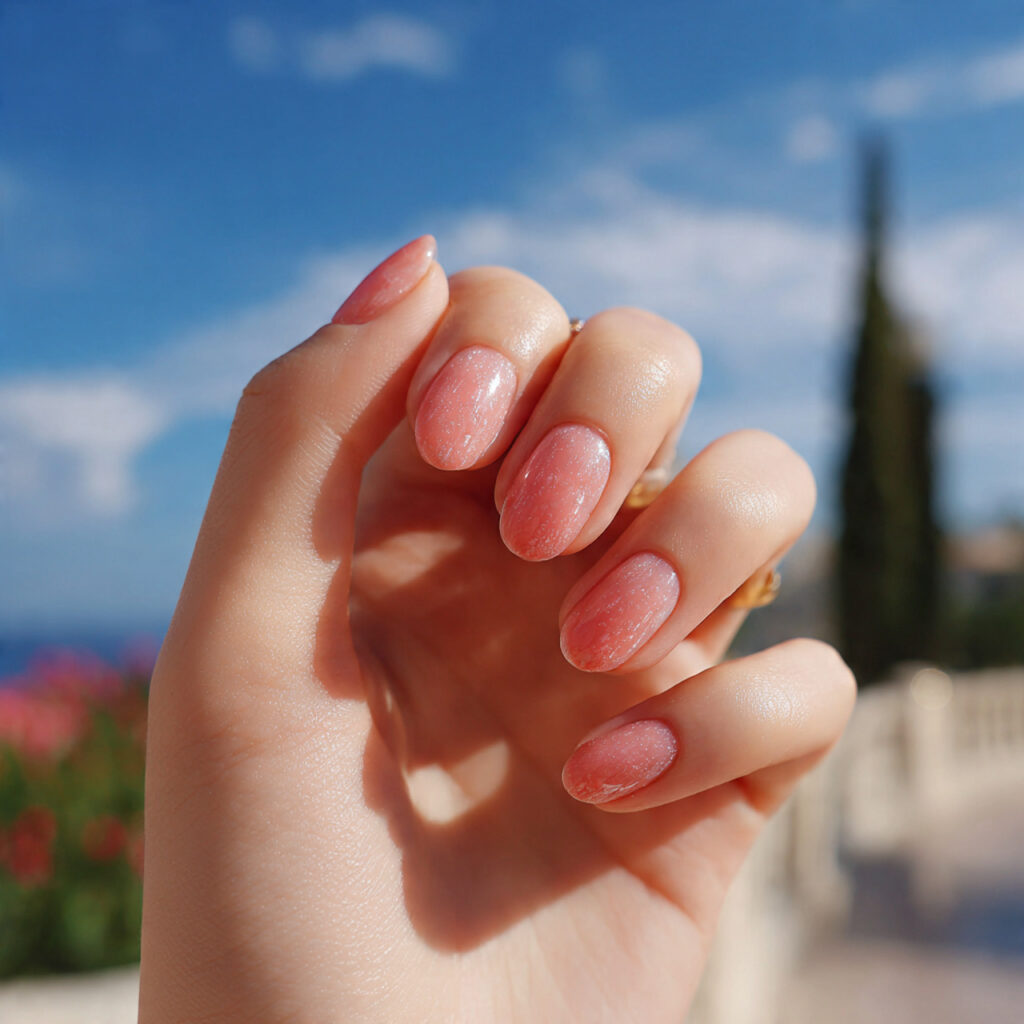 attractive rosy aura short oval nails with outdoor