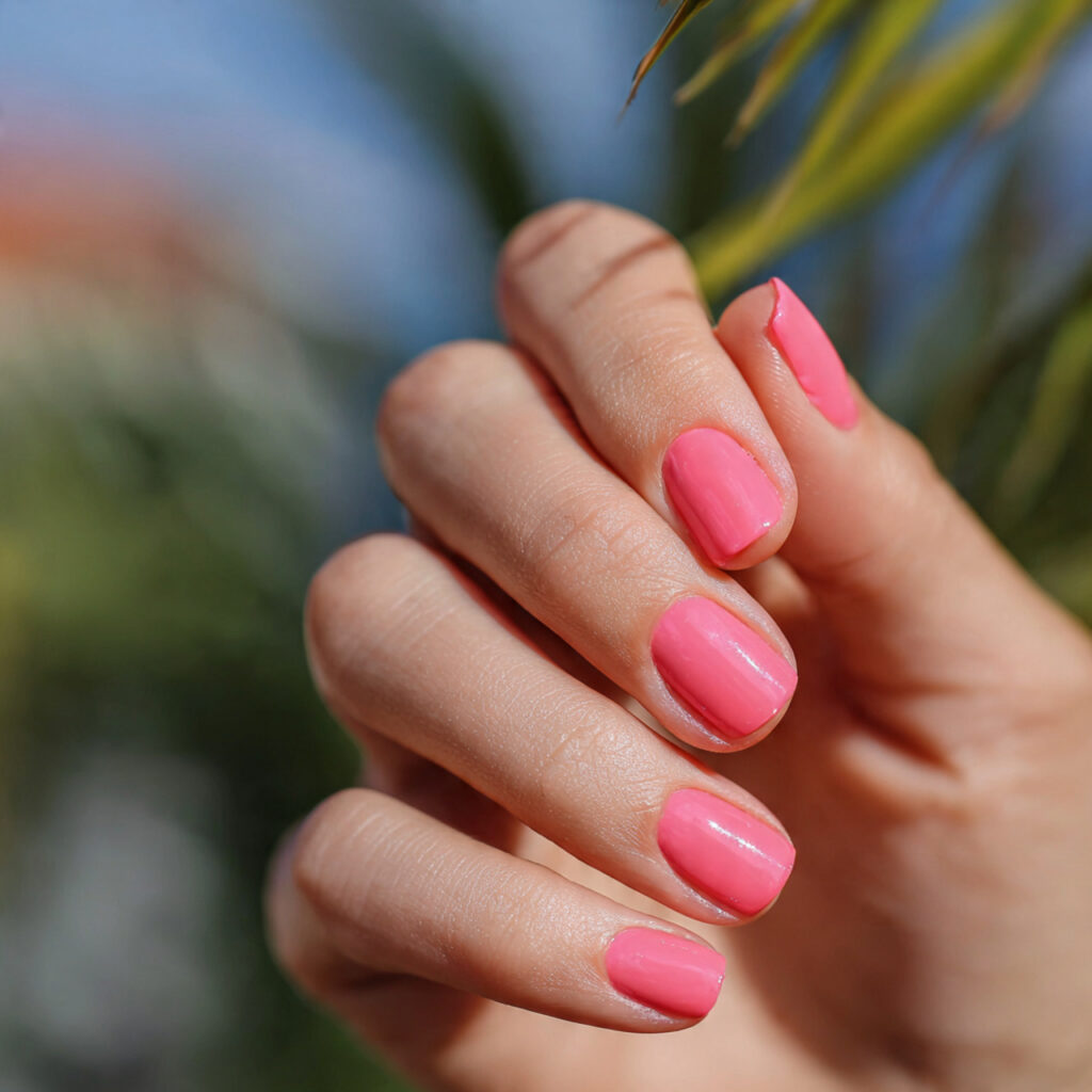 attractive rosy aura short pink nails with outdoor