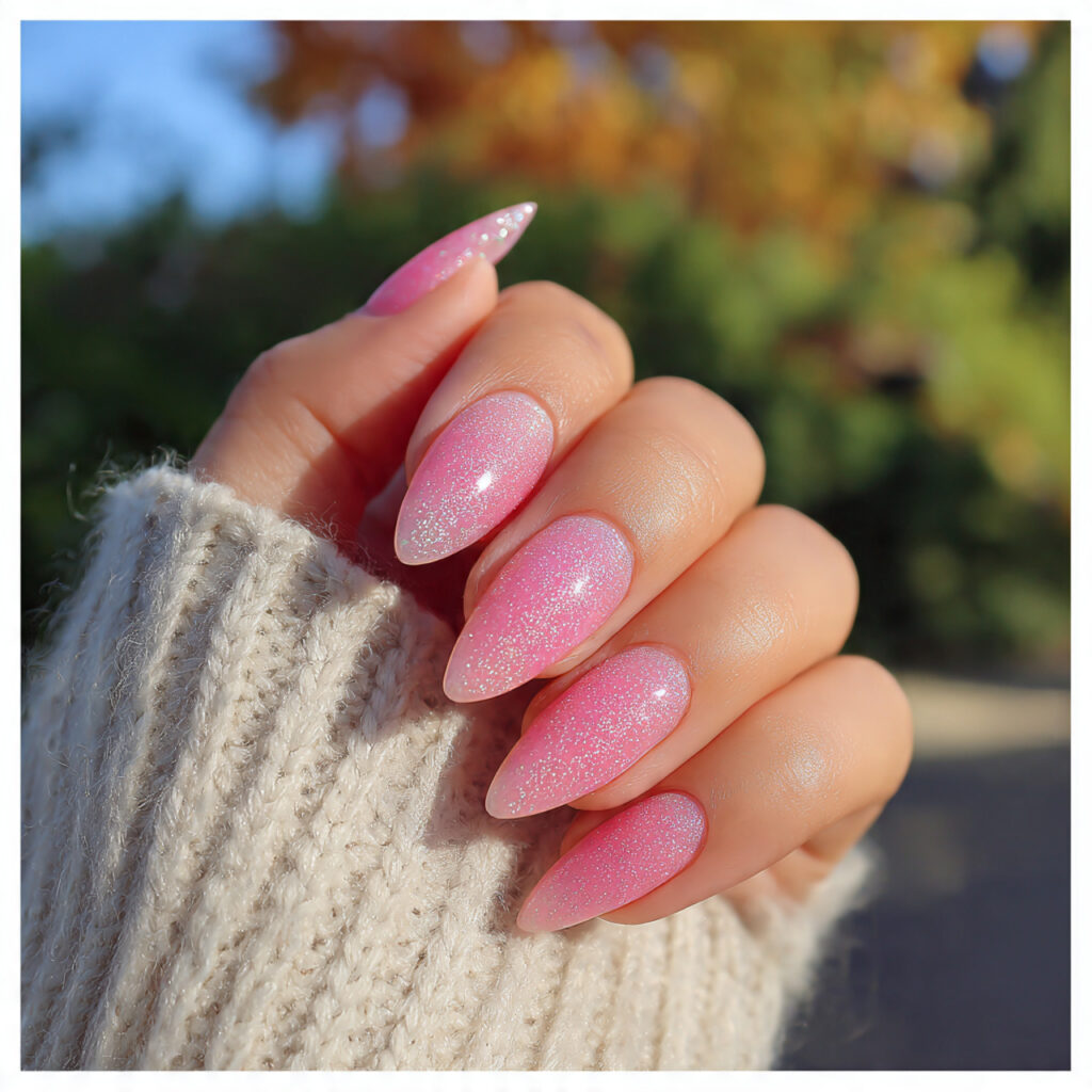 attractive rosy aura short stiletto nails with out