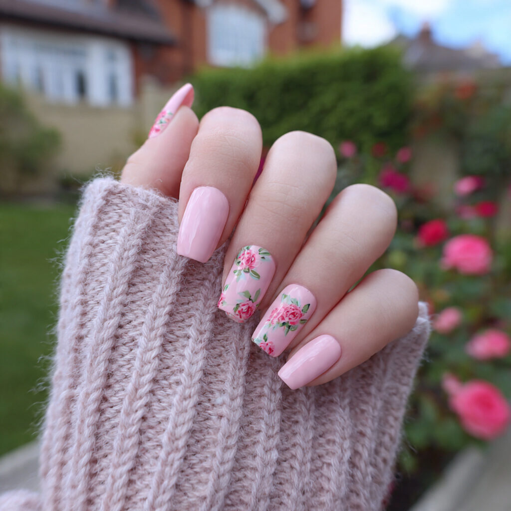 attractive rosy baby pink nails with outdoor summe 1